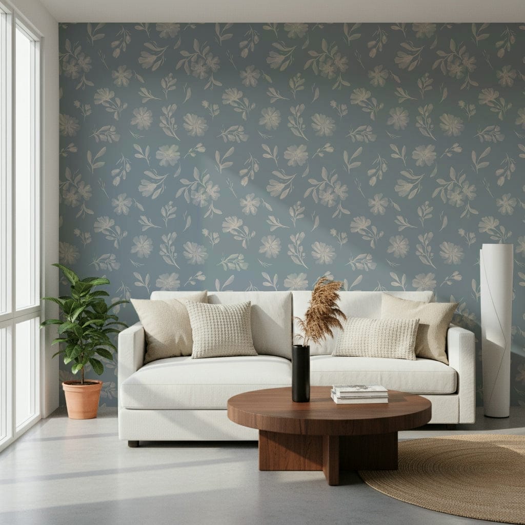 Artistic floral silhouettes Powder Blue Bloom wallpaper mural.