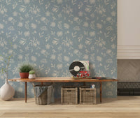 Powder Blue Bloom airy garden wallpaper mural design.