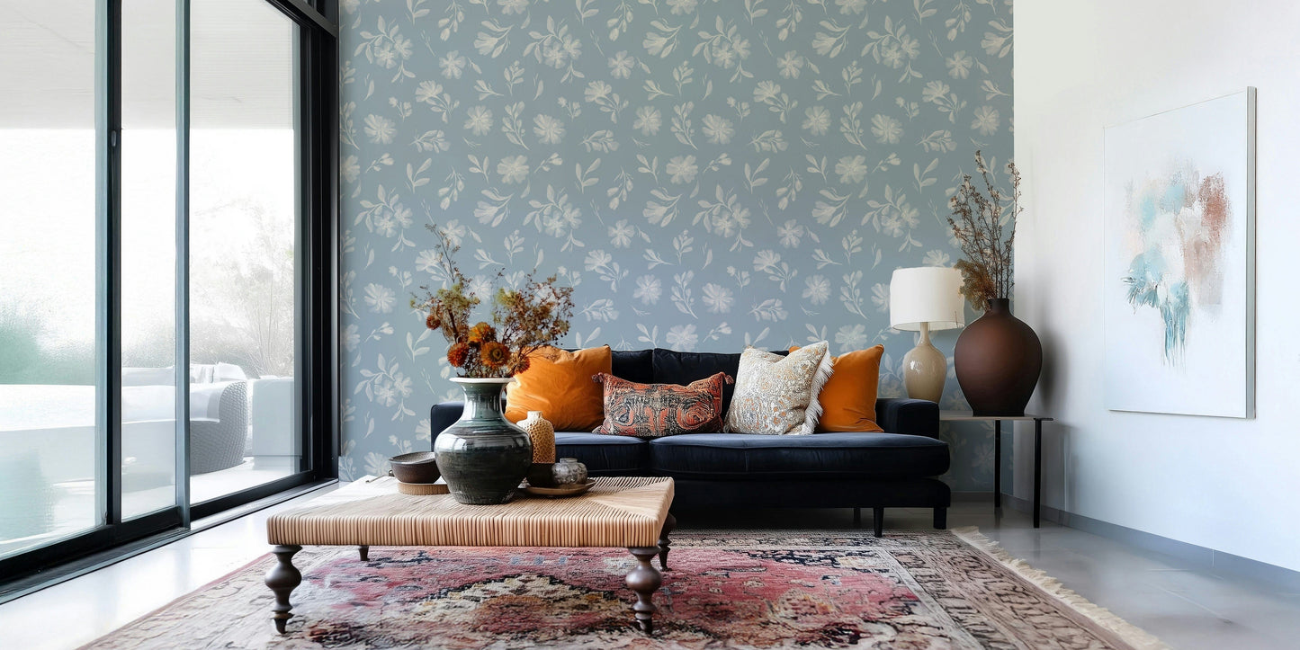 Powder Blue Bloom muted azure peel and stick wallpaper.