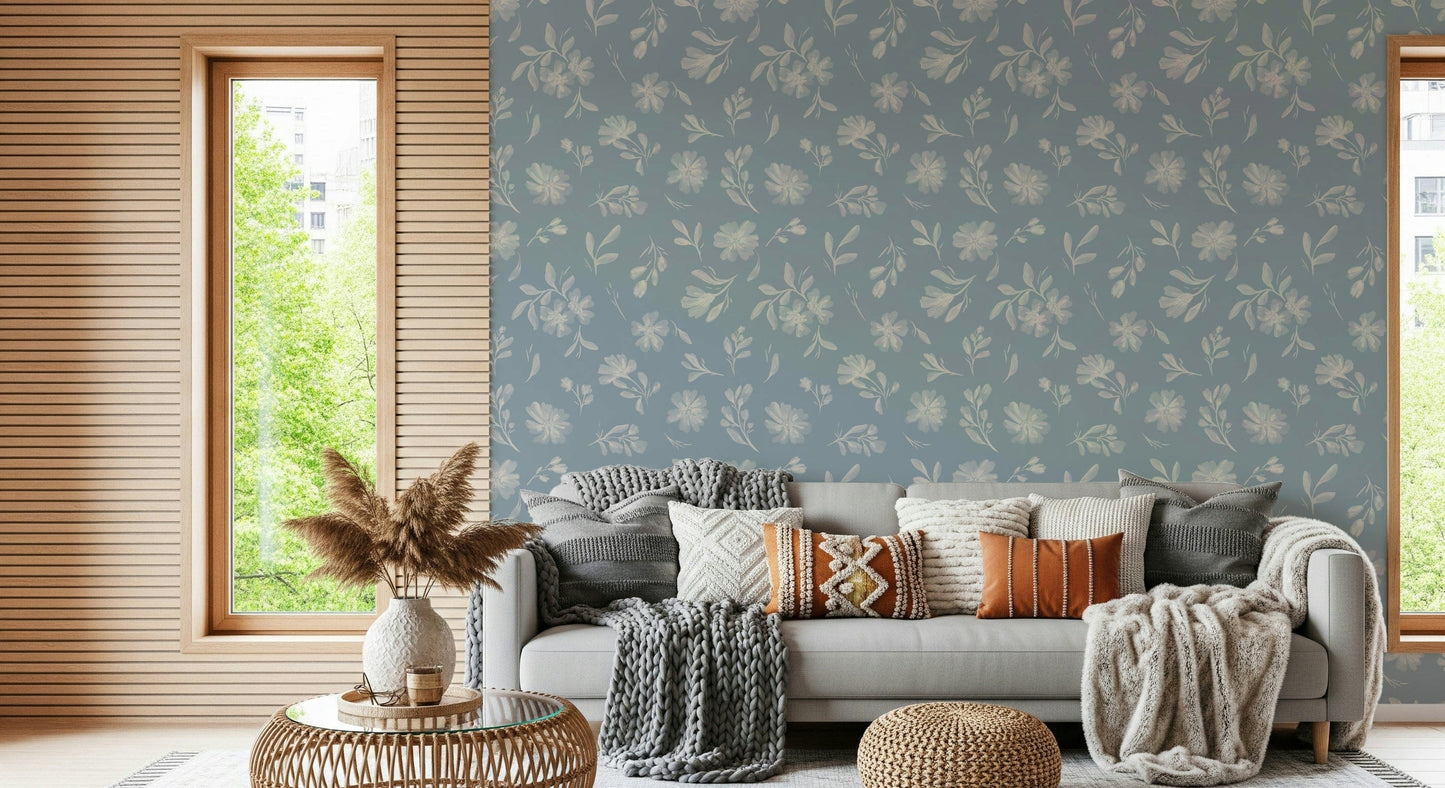 Ethereal floral sketches Powder Blue Bloom wall mural.