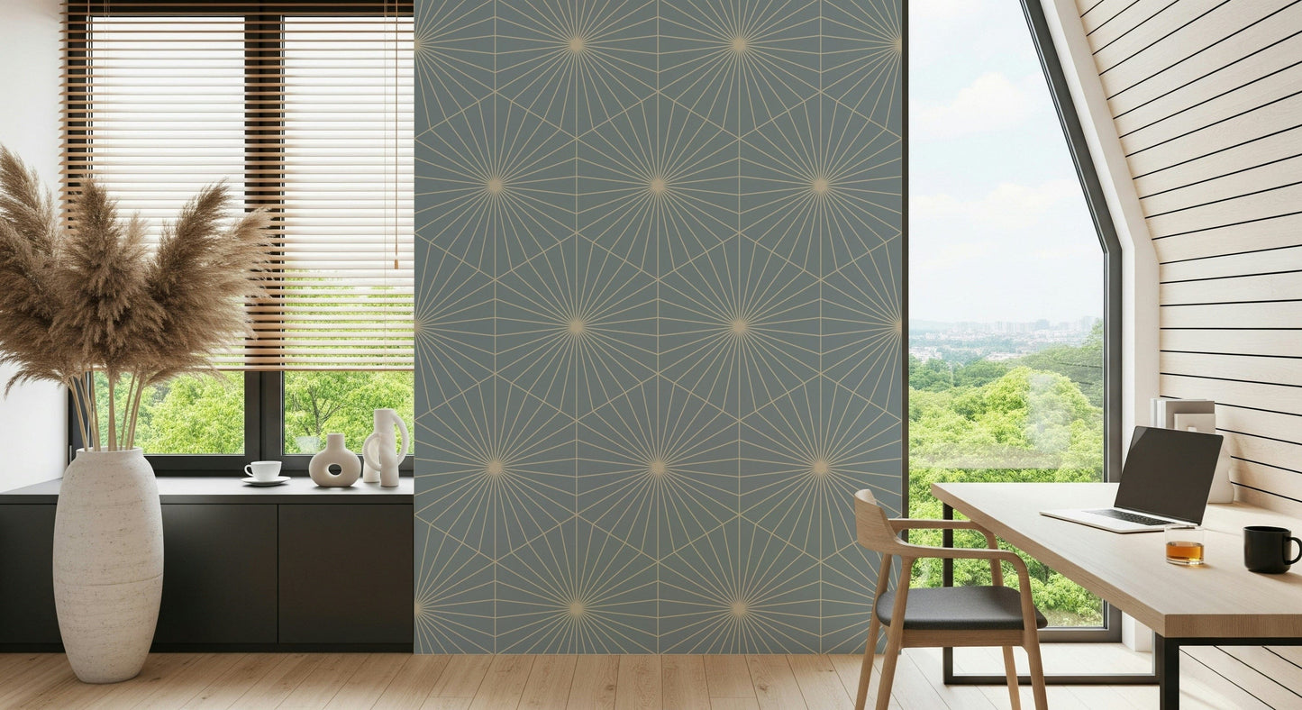 Elegant deco fan wallpaper called Powder Blue Radiance for tranquility.