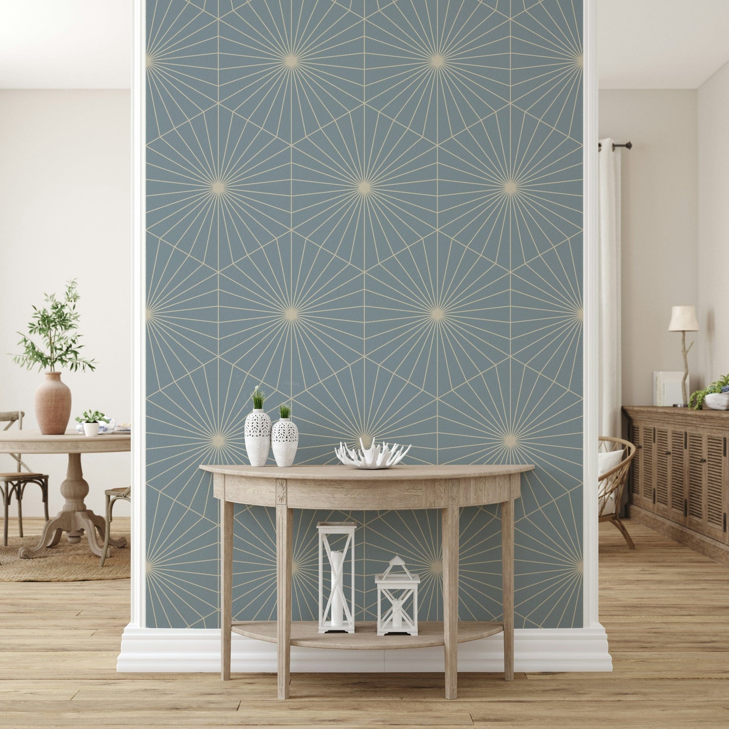 Powder Blue Radiance wallpaper with soft, elegant geometric lines.