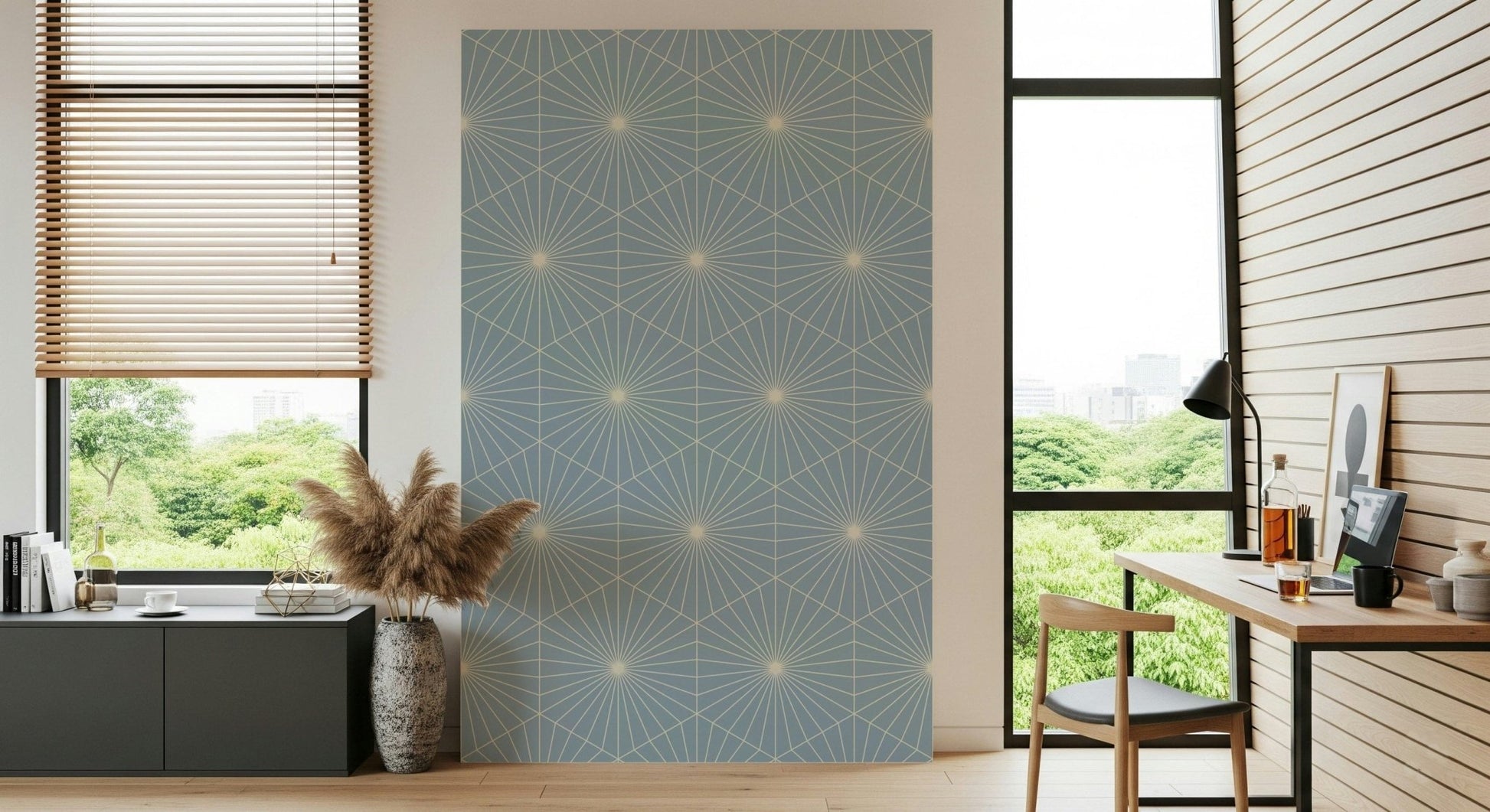 Serene Art Deco Radiance mural in a calming light blue tone.
