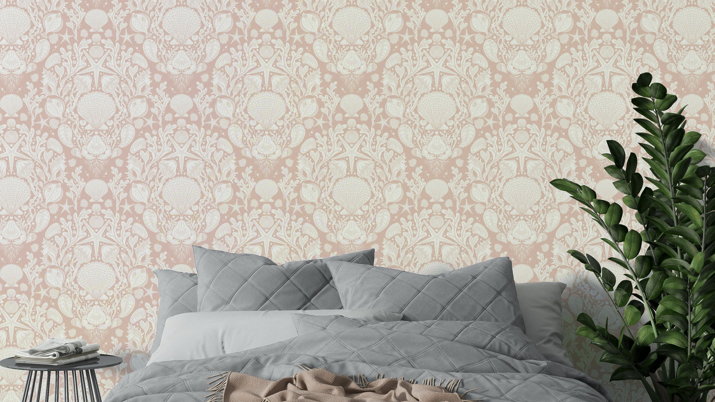 Powder white damask wallpaper with sea motifs

