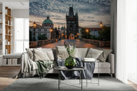 Scenic Prague river view rendered in artistic city wallpaper style