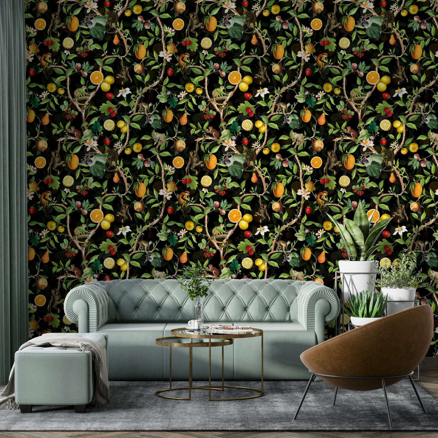 Jungle wallpaper with monkeys interacting with colorful flowers and leaves.

