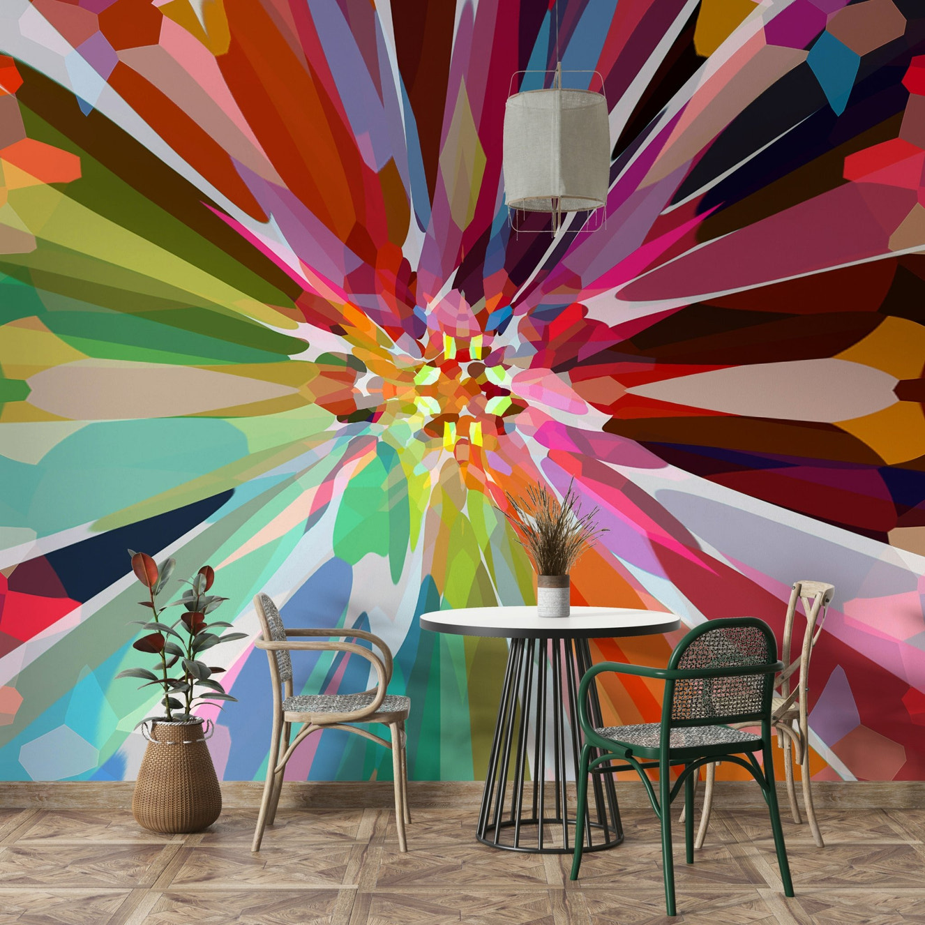 Prismatic Burst Wall Mural with radiant color rays

