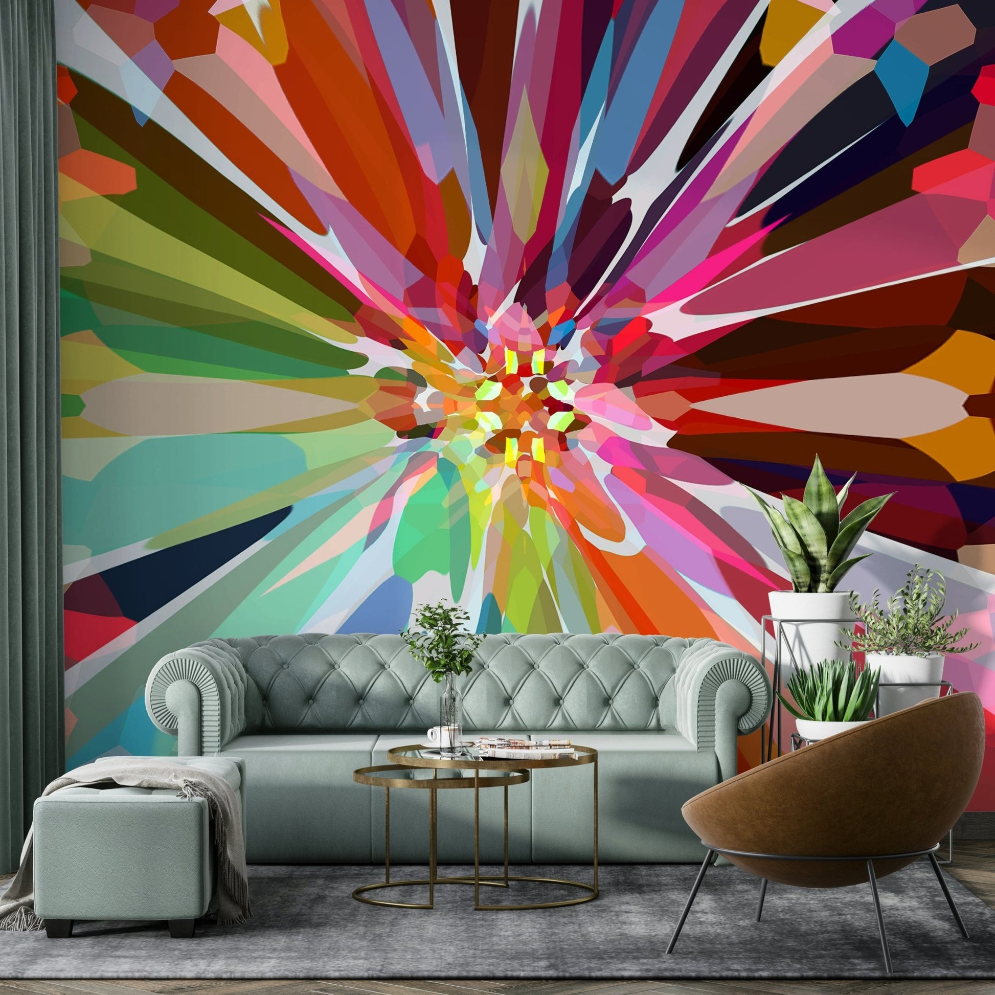Artistic burst mural in rainbow-toned geometry


