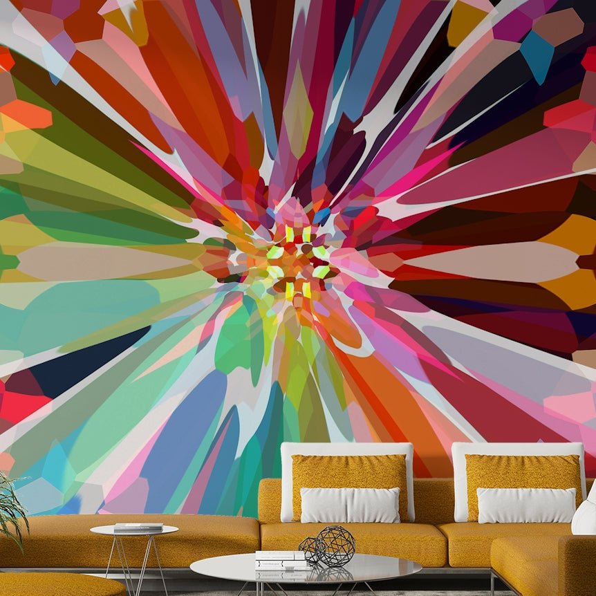 Abstract sunburst-inspired mural in vivid tones

