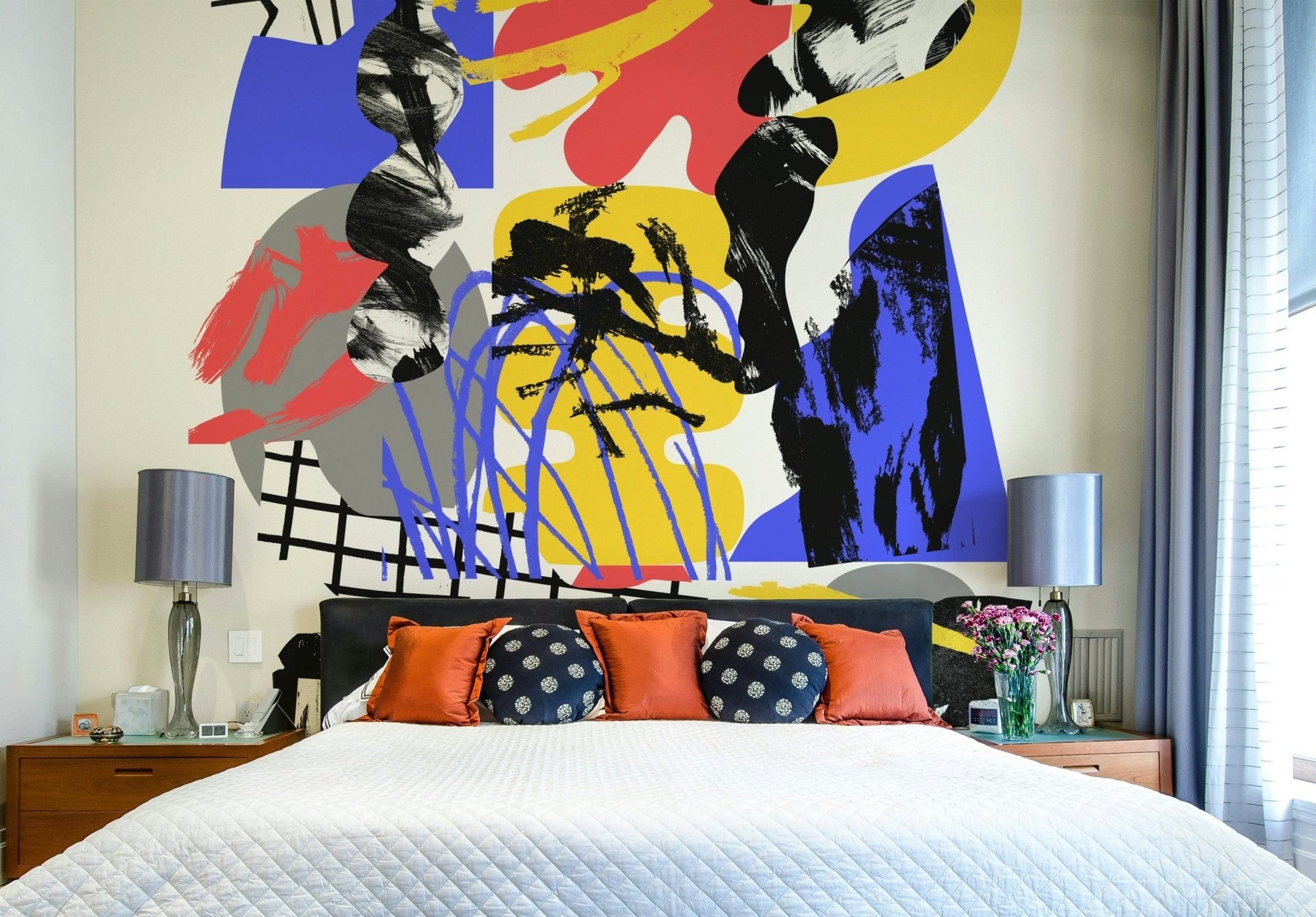 Vibrant geometric fragments creating a prismatic design mural

