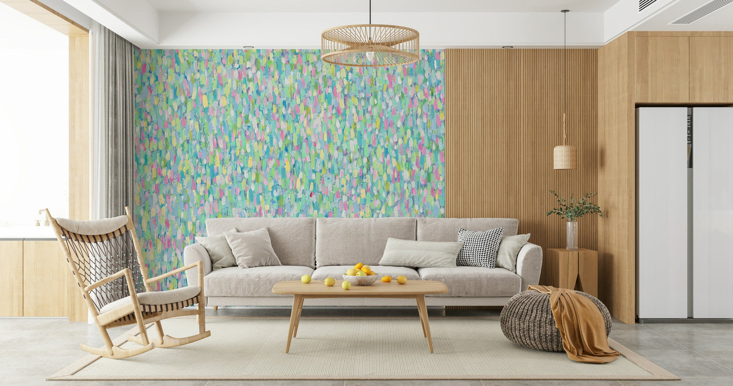 A peaceful modern abstract mural on decorative wallpaper.