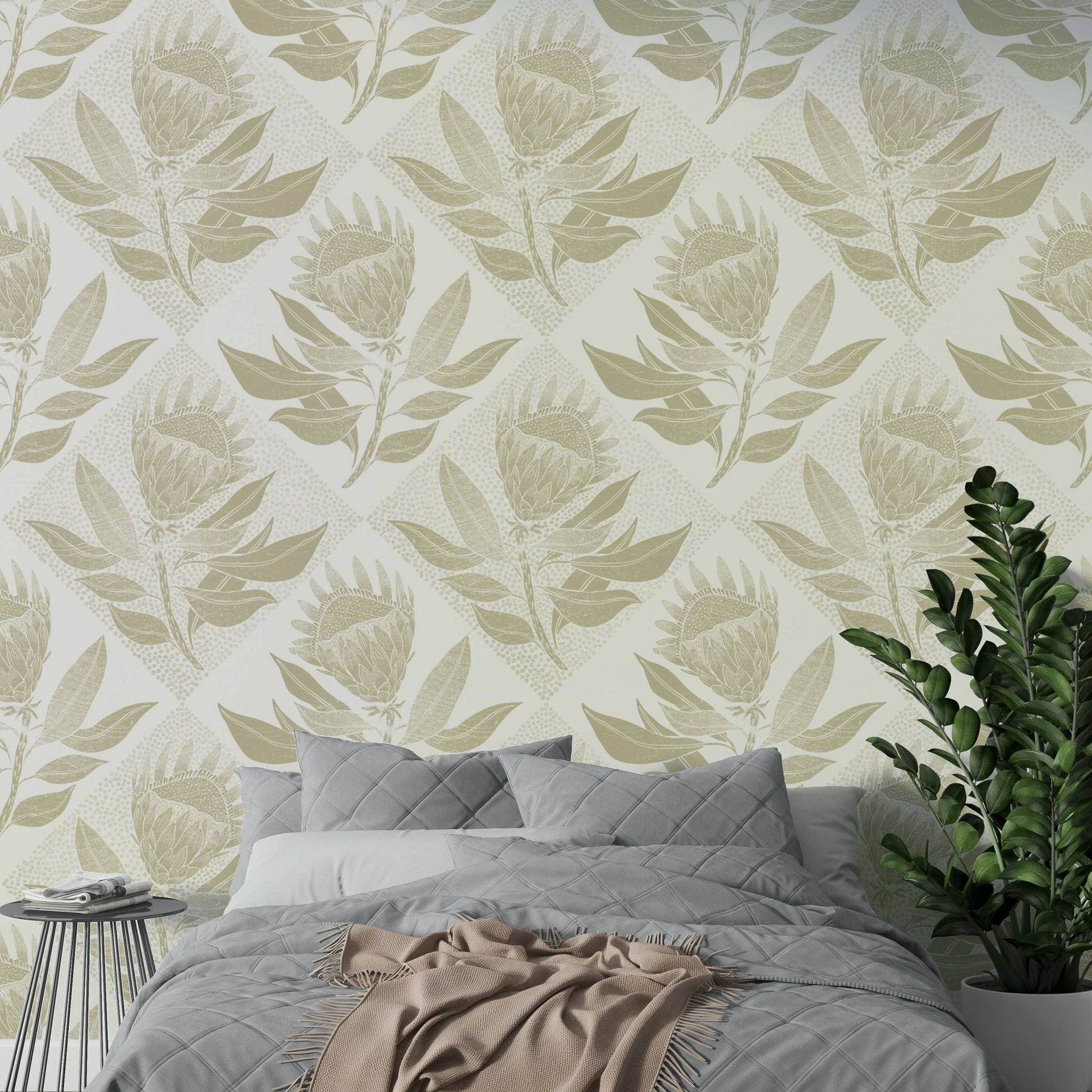 Gentle botanical wallpaper with protea stamp design

