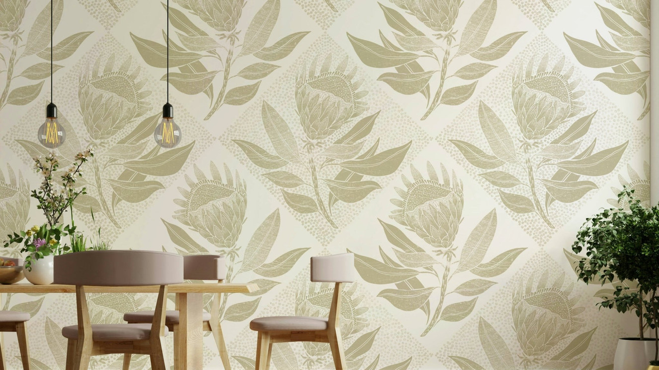 Elegant protea flower design in soft sage tones for wallpaper

