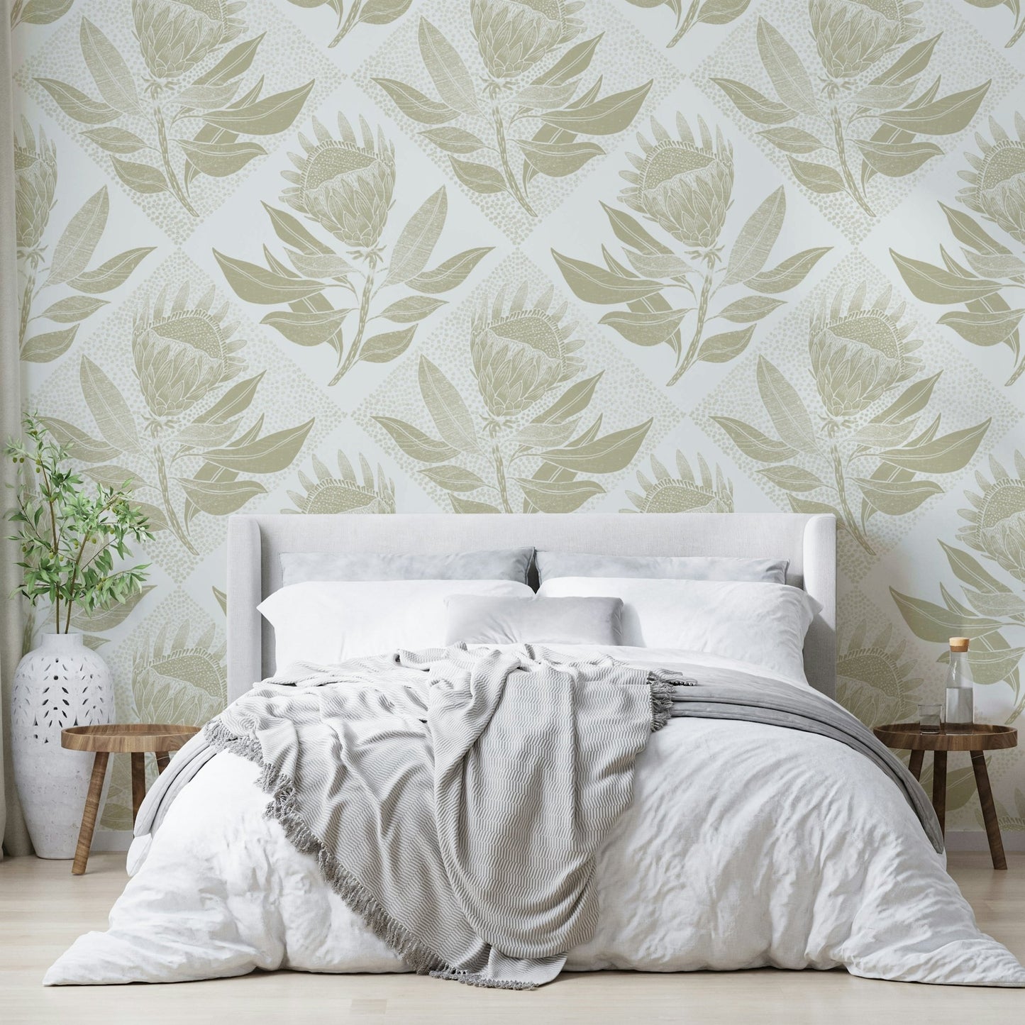 Nature-inspired sage wallpaper with detailed protea flowers

