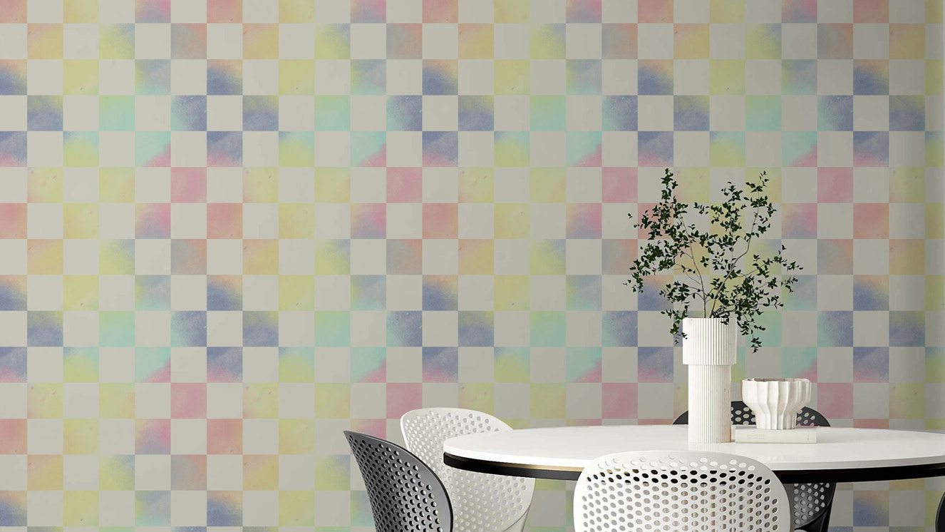 Psychedelic check wallpaper in astral rainbow tones

