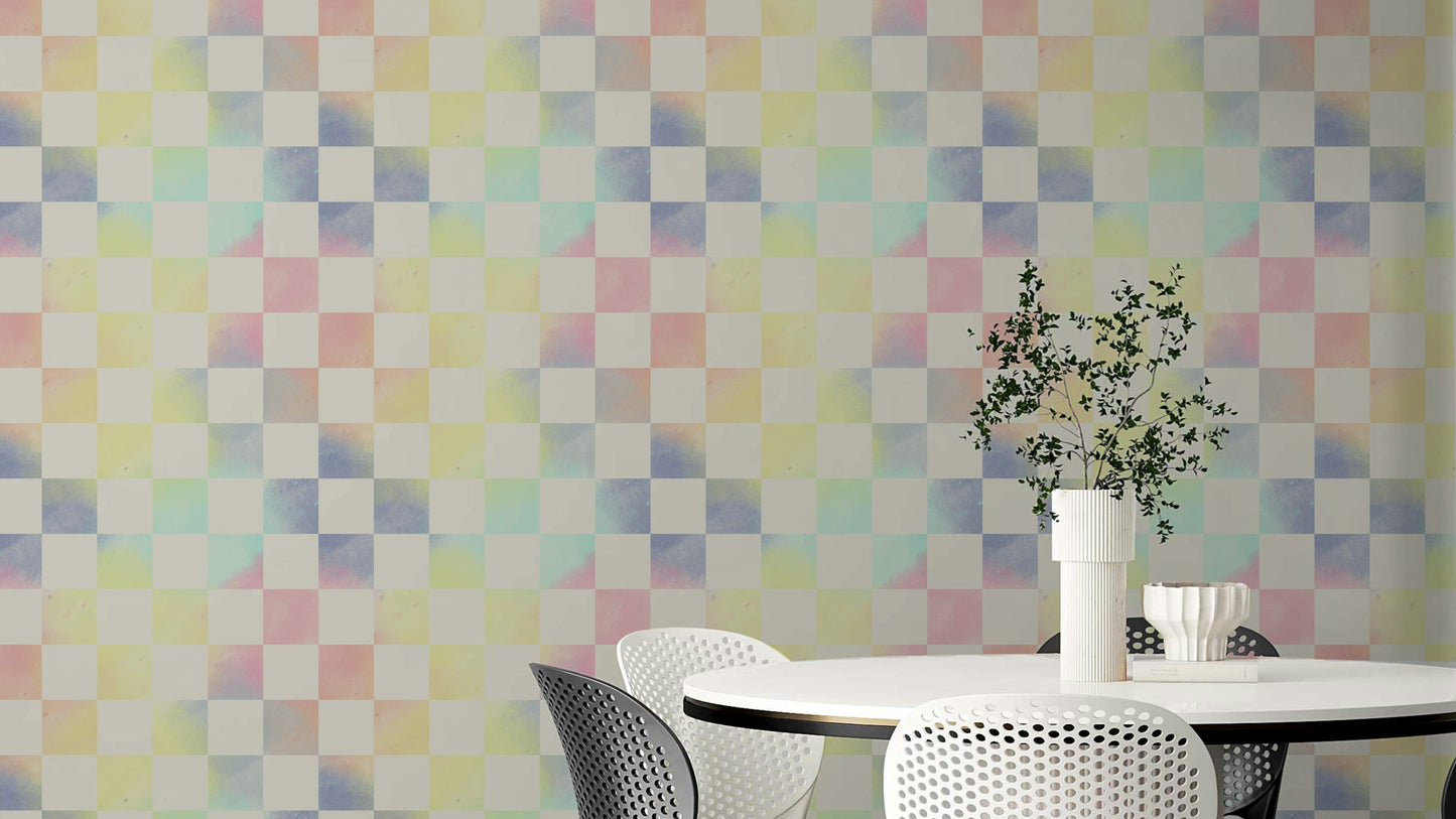 Psychedelic check wallpaper in astral rainbow tones

