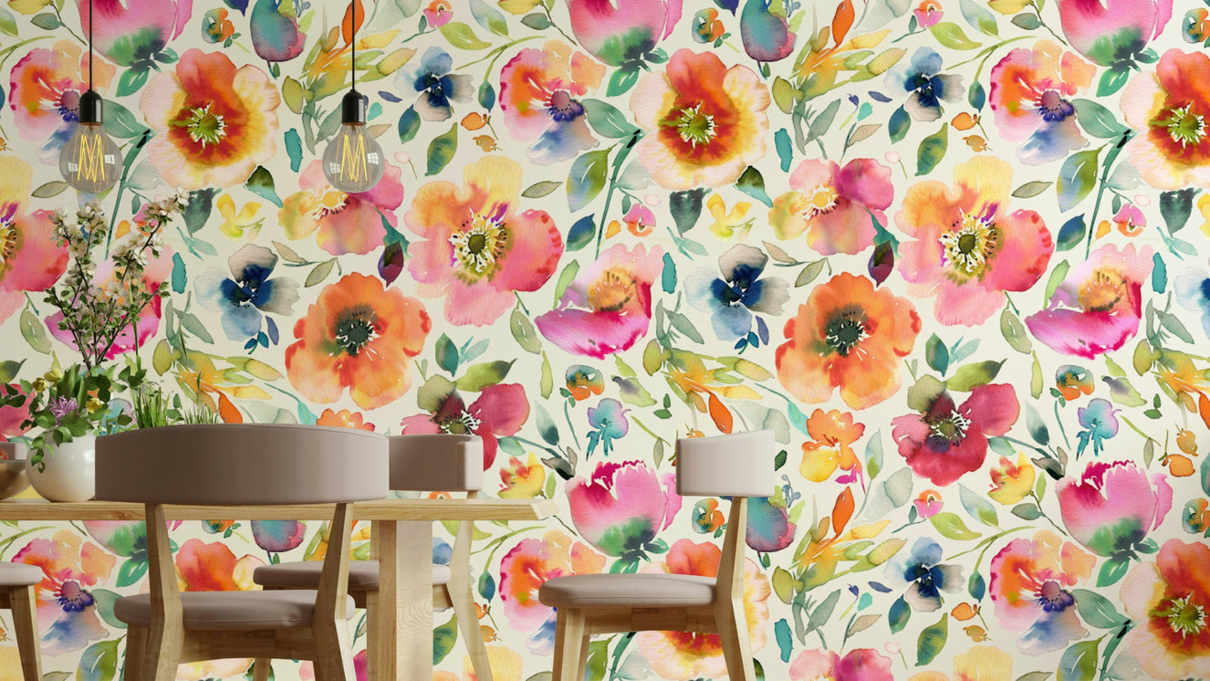 Psychedelic Spring Poppies Orange Wallpaper with bold vintage blooms.

