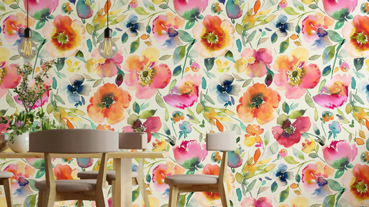 Psychedelic Spring Poppies Orange Wallpaper with bold vintage blooms.


