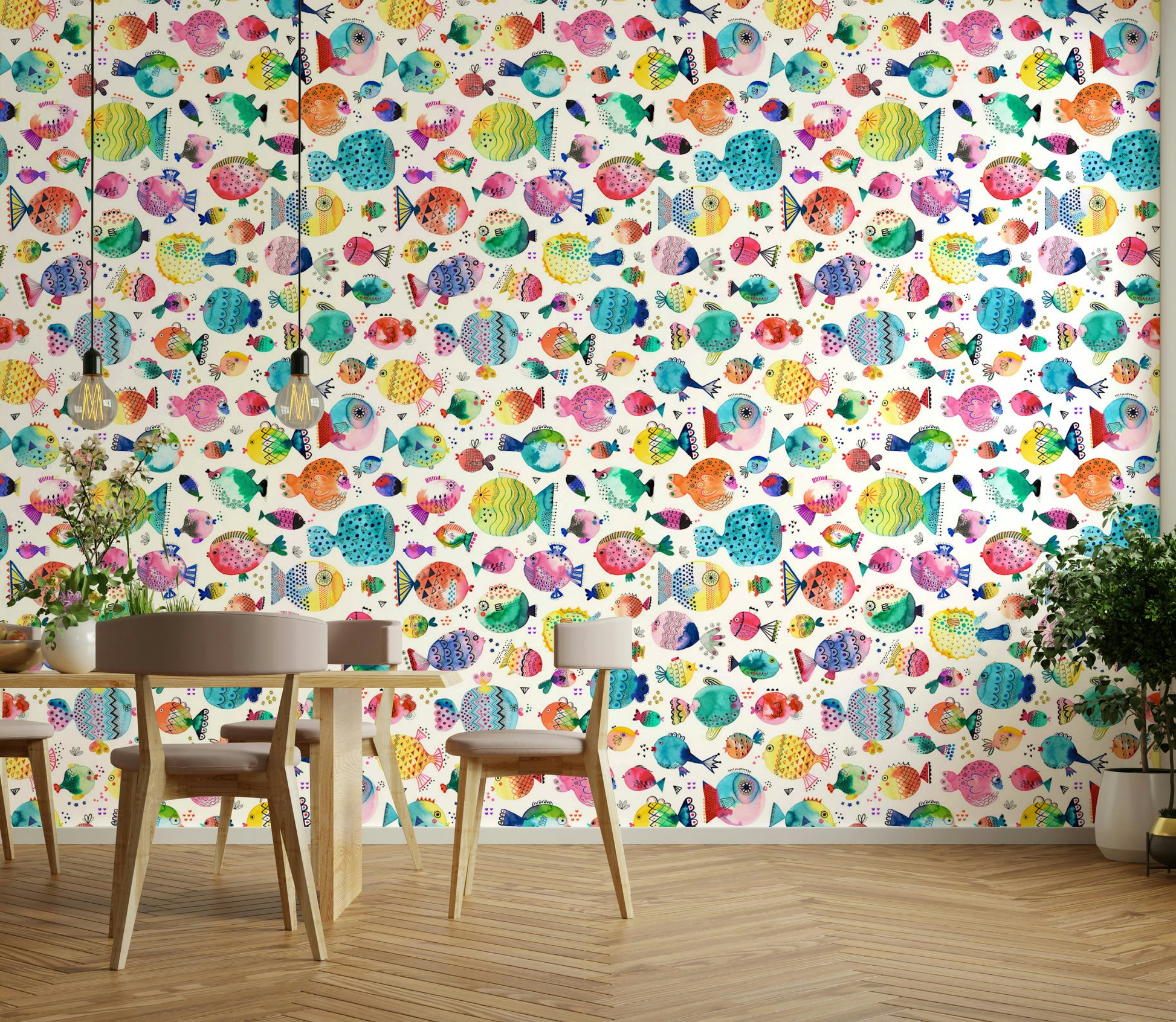 Light blue marine mural with playful puffer fishes and shells.

