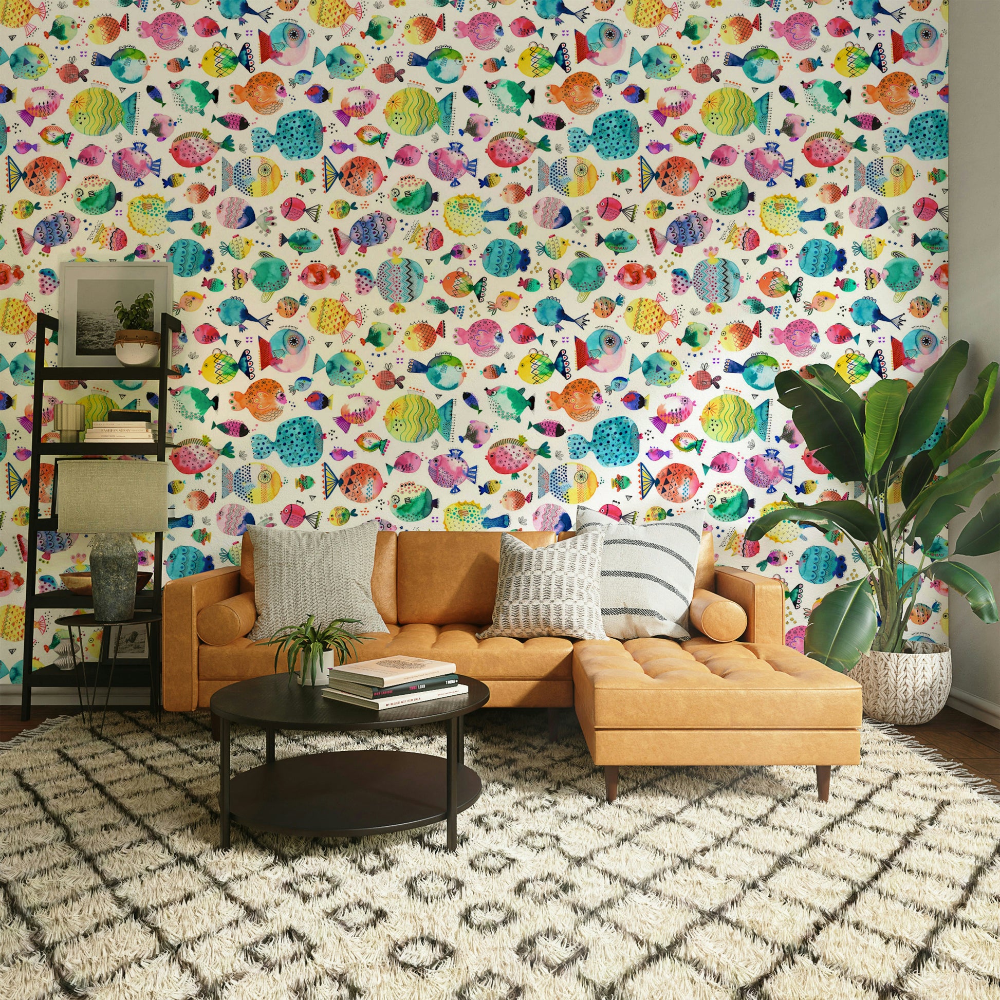Fun ocean wallpaper for kids with playful puffer fish and coral.

