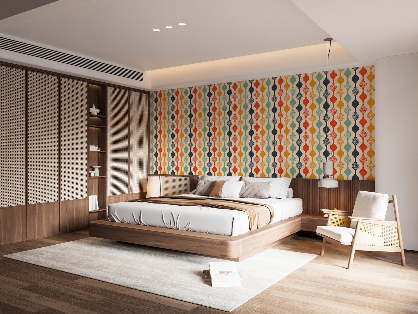 Abstract wallpaper in bedroom with retro-inspired curves and colors