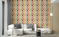 Vintage living room wallpaper featuring wavy abstract patterns.
