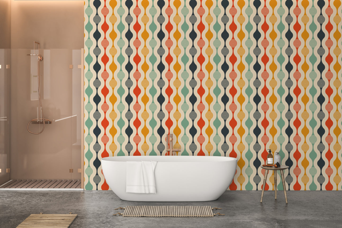 Retro-inspired bathroom wallpaper with a colorful geometric design