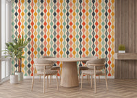Mid-century modern dining room wallpaper with a curved motif