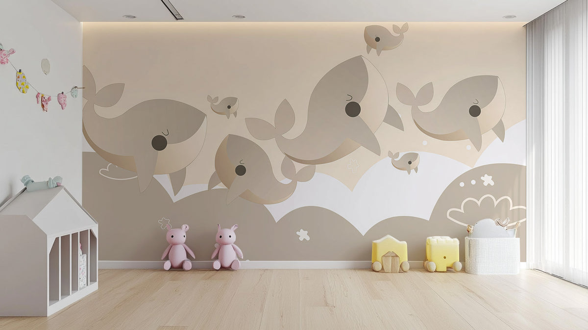 Cuddly Cetaceans Wall Mural in a playroom with white bunny chairs and a small table using peel and stick material.