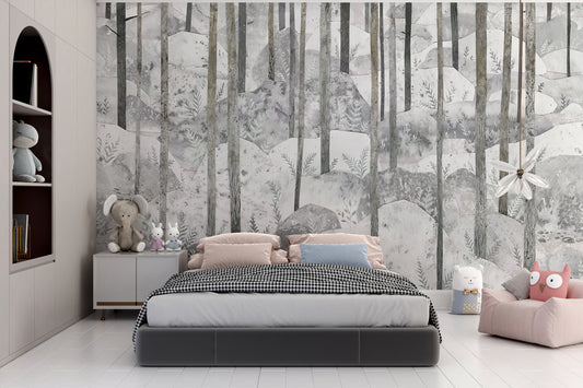Frosty Fern Forest wallpaper mural in grey behind a kids bed with pink pillows and plush toys in a nursery