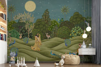 Modern hallway wall decor mural, leafy pattern in pastel greens on light base, bright and airy finish