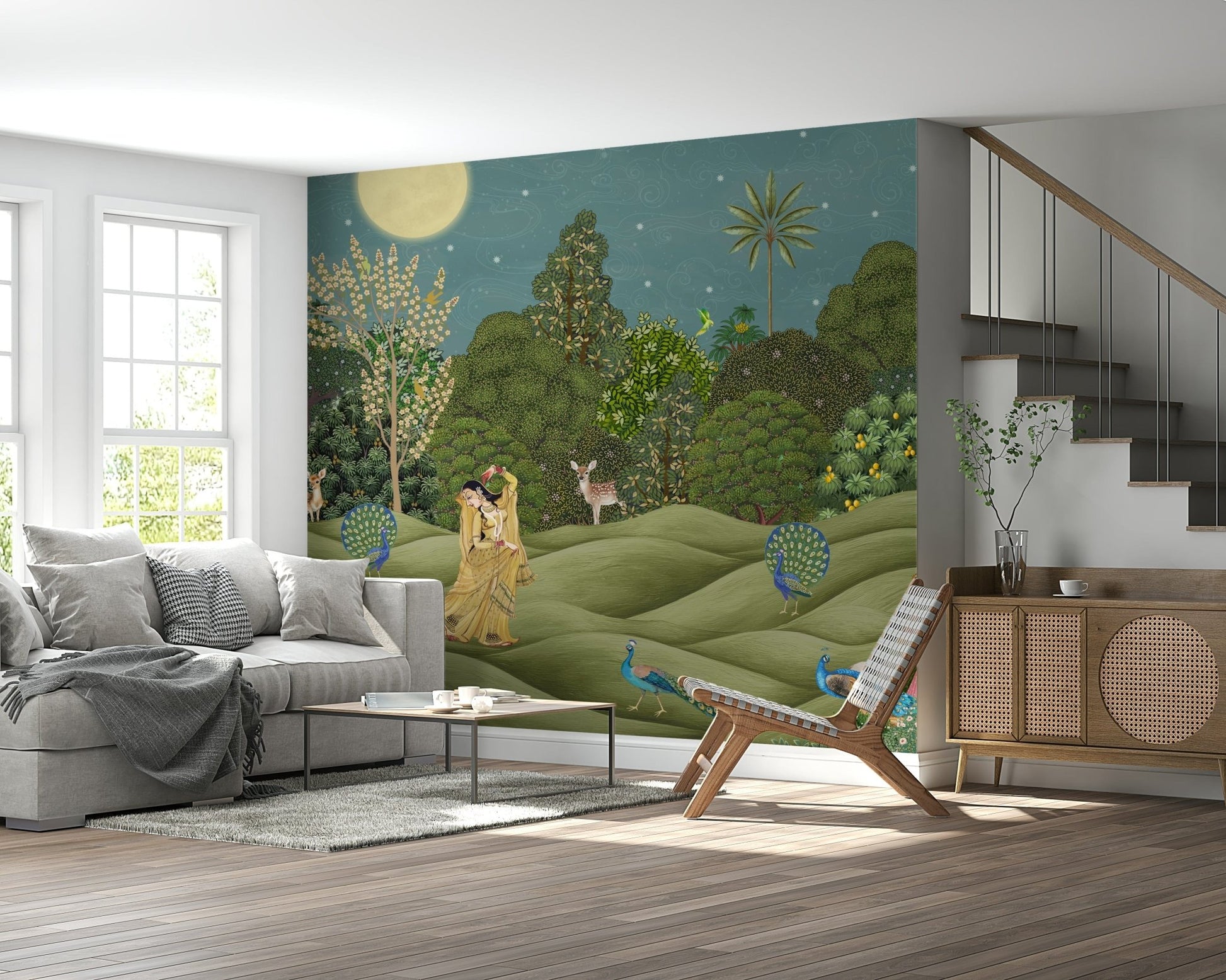 Tropical foliage wallpaper mural for bedroom, muted green leaves with cream background, calm modern wall decor