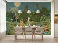 Botanical mural for entryway, subtle palm leaves in warm neutrals, modern apartment wall decor