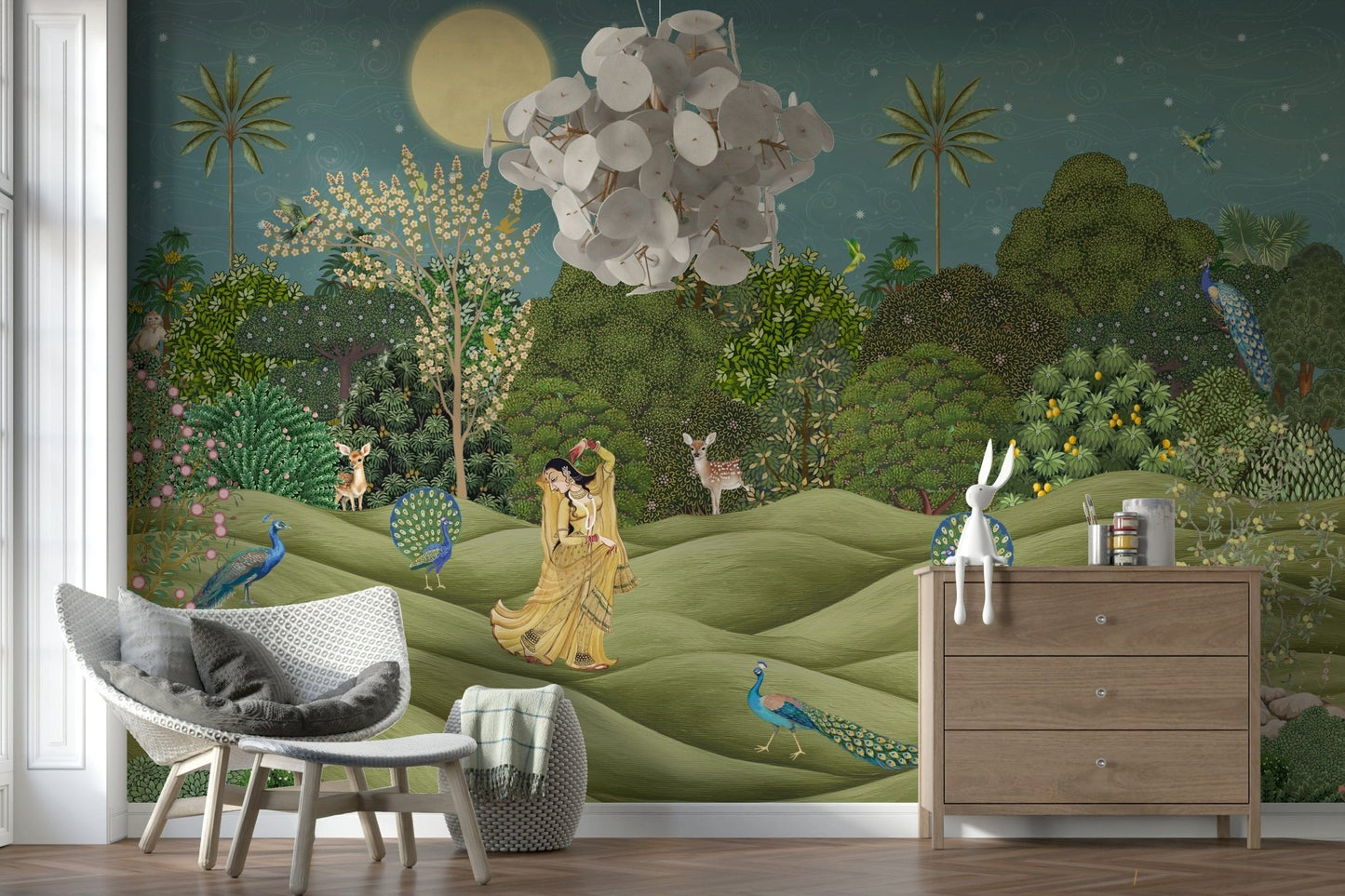 Bedroom headboard wall mural, soft botanical print in green and cream, modern relaxed look