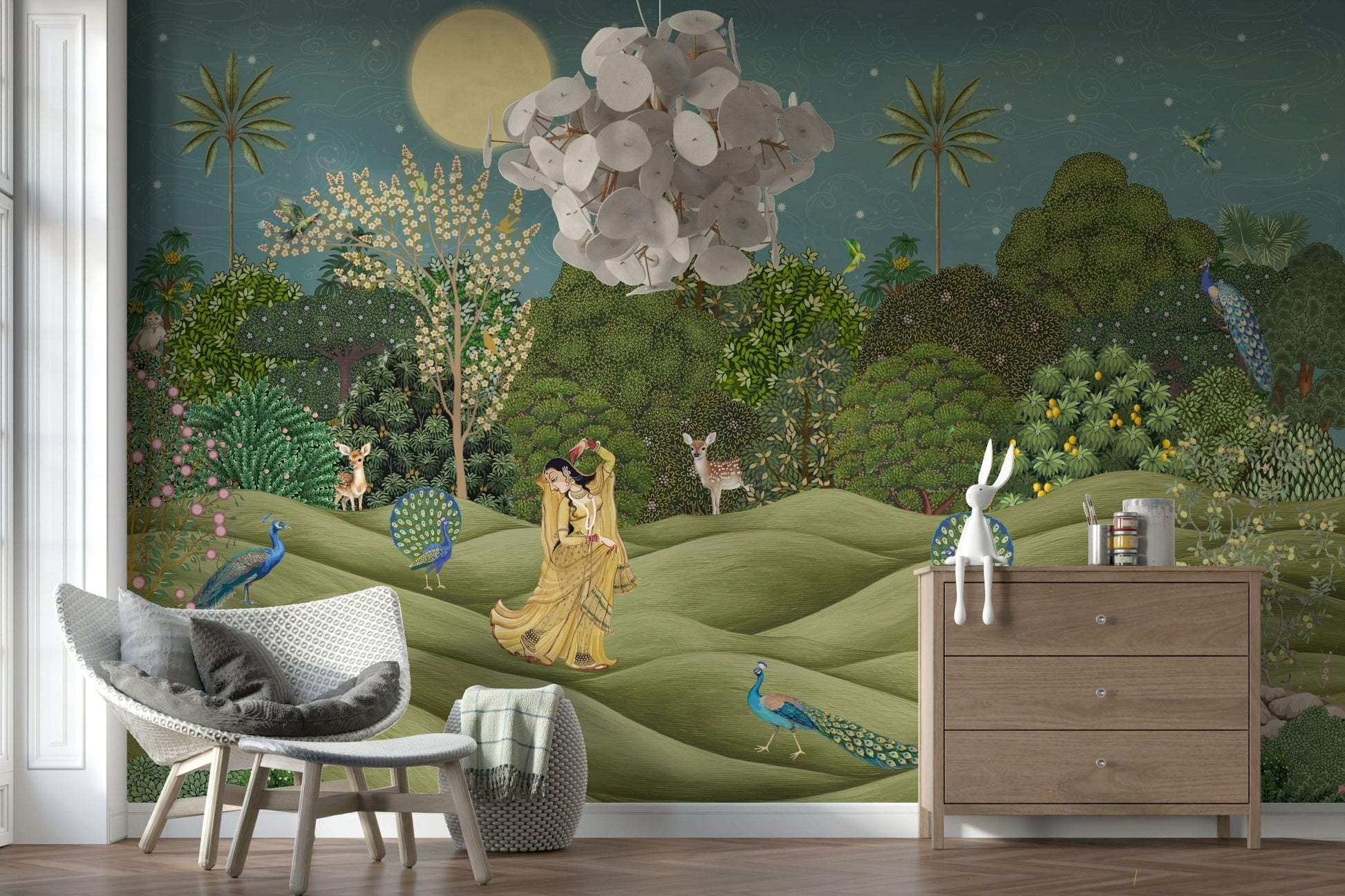 Bedroom headboard wall mural, soft botanical print in green and cream, modern relaxed look