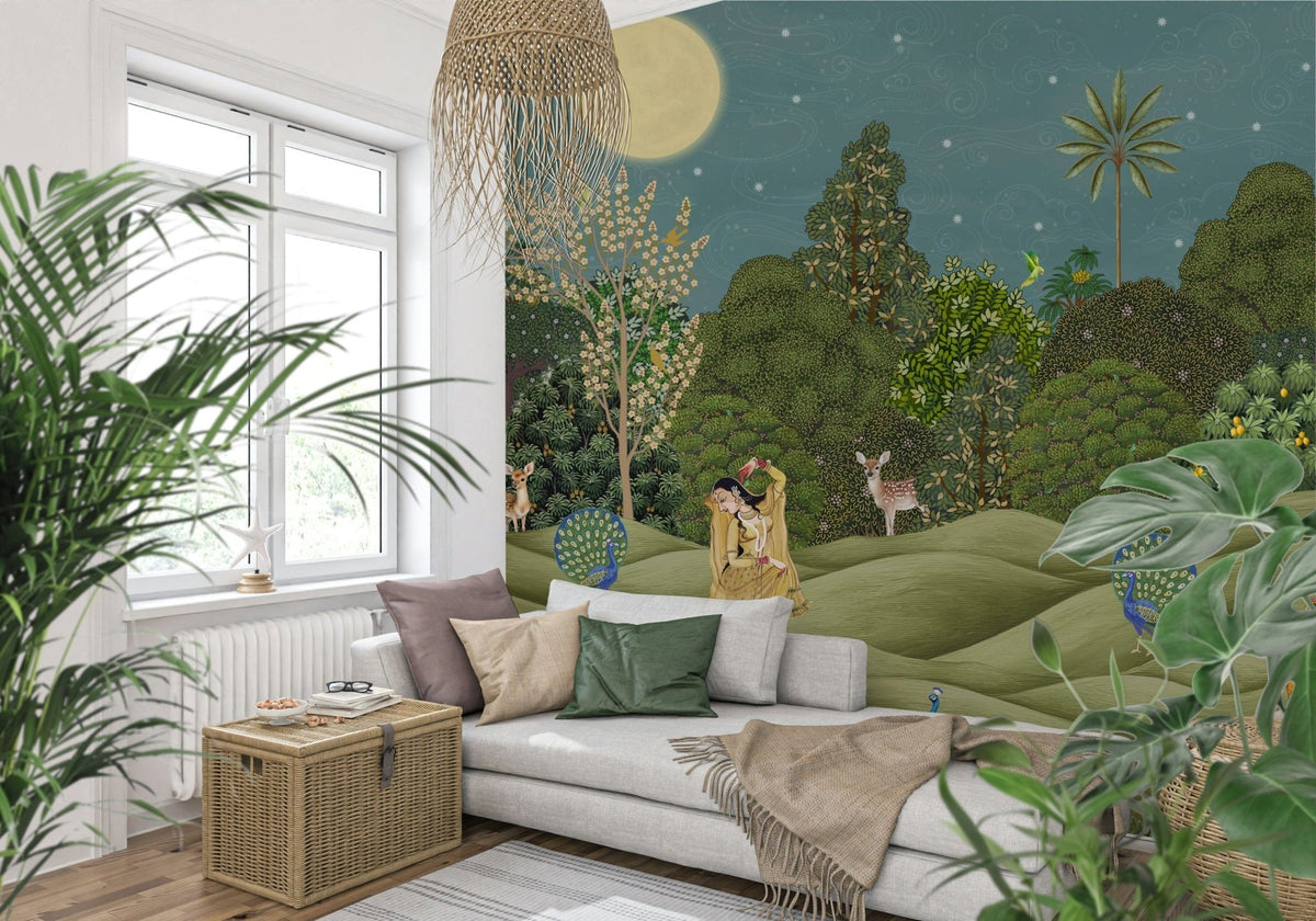 Purnima Paradise wall mural in modern living room, warm beige and soft greens, feature wall behind sofa