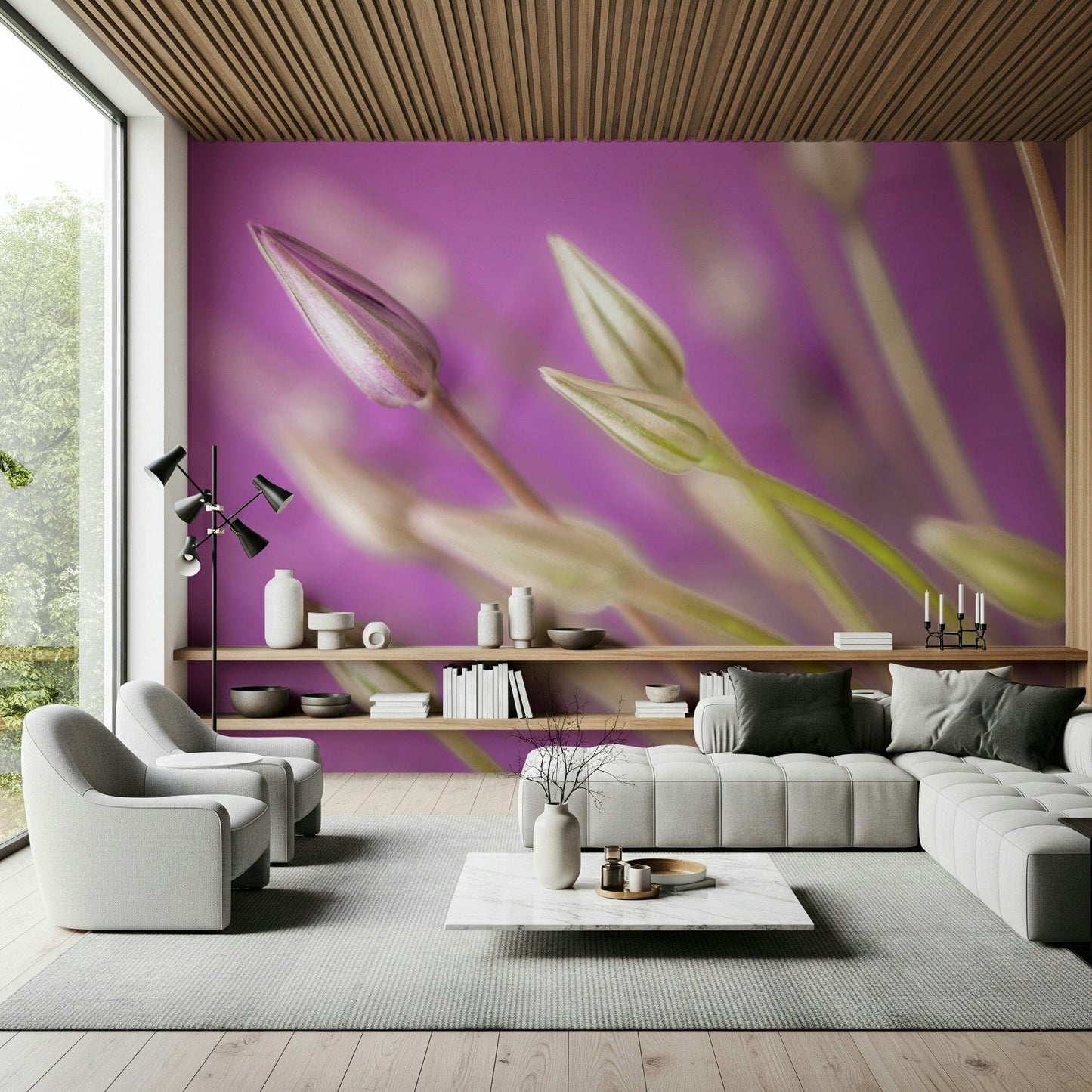 A botanical wallpaper highlighting the fine details of purple allium buds in a delicate close-up.