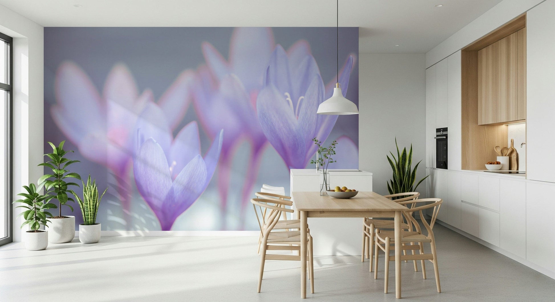 Abstract floral shapes, soft lighting, peel and stick Crocus wallpaper.
