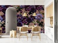 A graceful subtle geometric wall mural in bold, purple tones.

