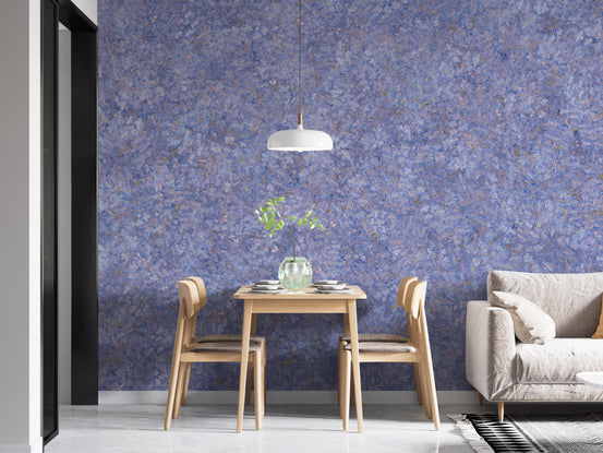 Purple Floral Pattern Embroidery wallpaper mural behind a light-wood dining table and chairs by a grey sofa