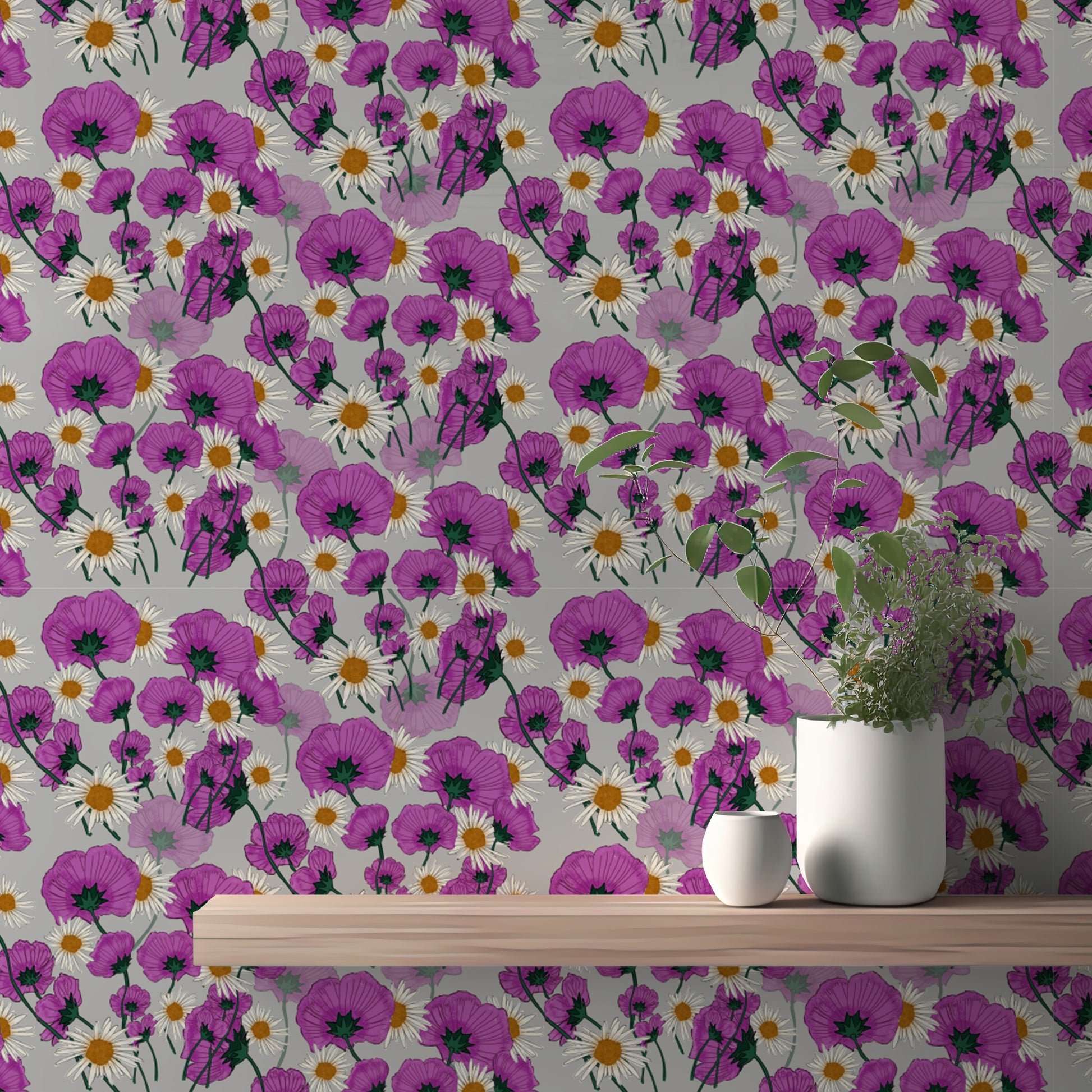 Trendy Wild Purple Flower Pattern Wallpaper design