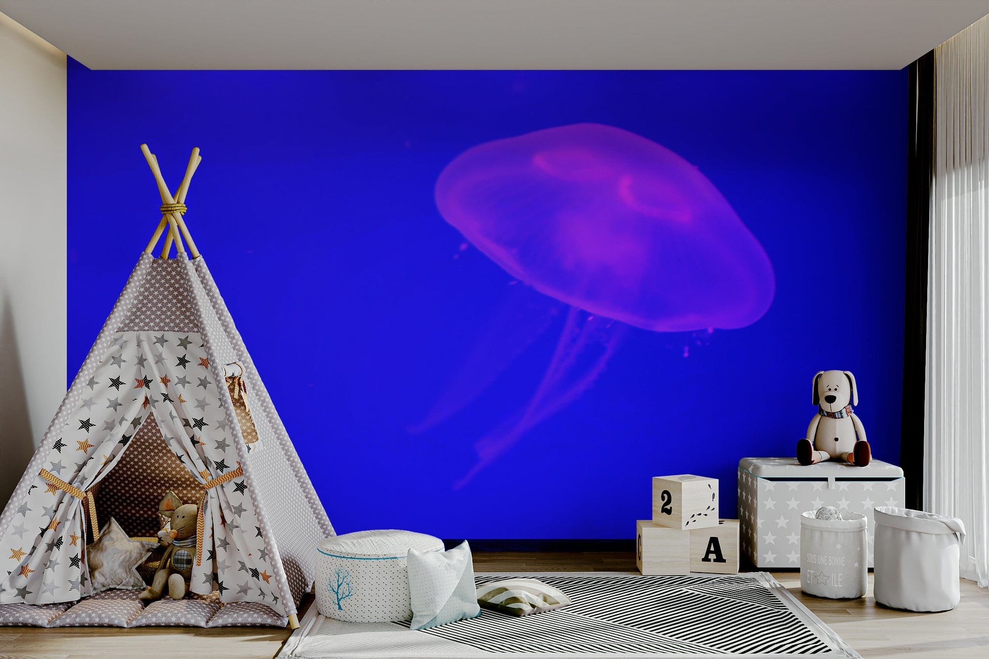 A graceful ocean scene wall mural in cool, natural tones.

