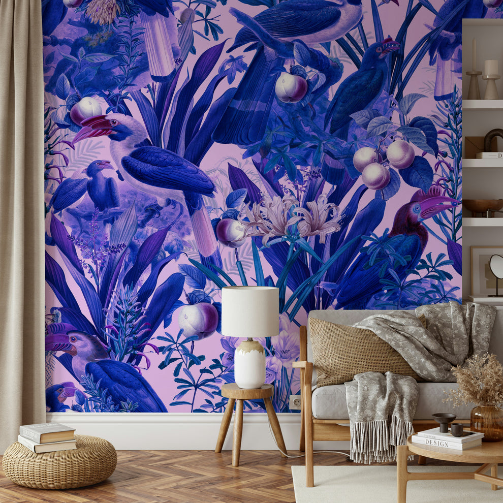 Purple Jungle Wall Mural with Exotic Leaf Patterns