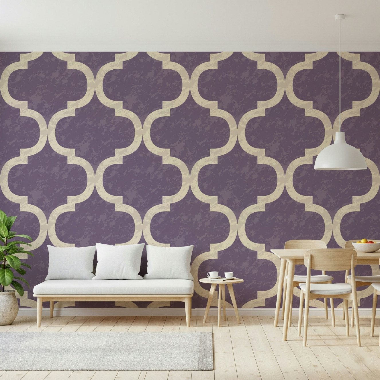 Moroccan ogee wallpaper in grey purple with ivory trellis