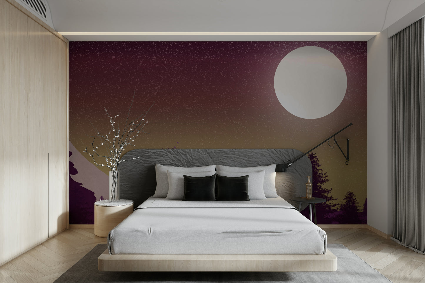 Geometric mountain range mural in a modern home office with a wooden desk.