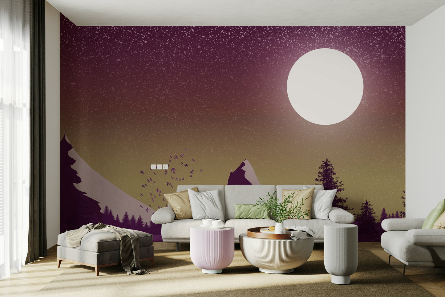 Minimalist mountain wall decor featuring a large white moon and purple silhouettes.