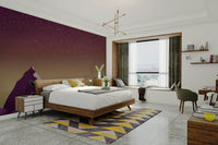 Abstract landscape wall decor with deep violet and lavender mountain peaks.