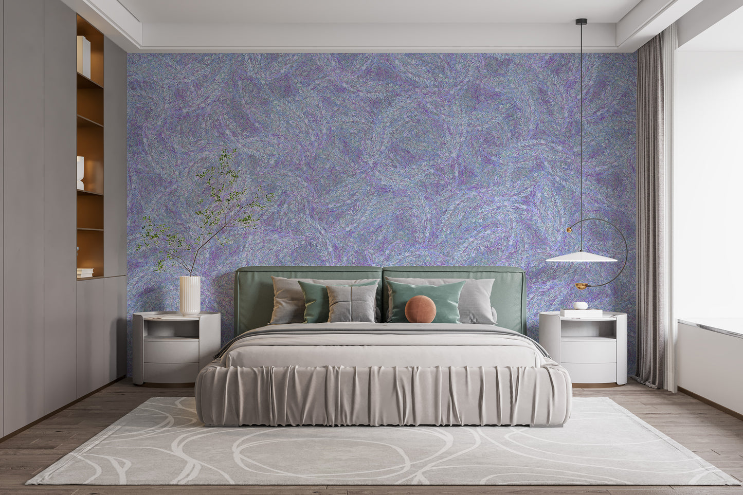 Soft purple watercolor flower mural for elegant walls.
