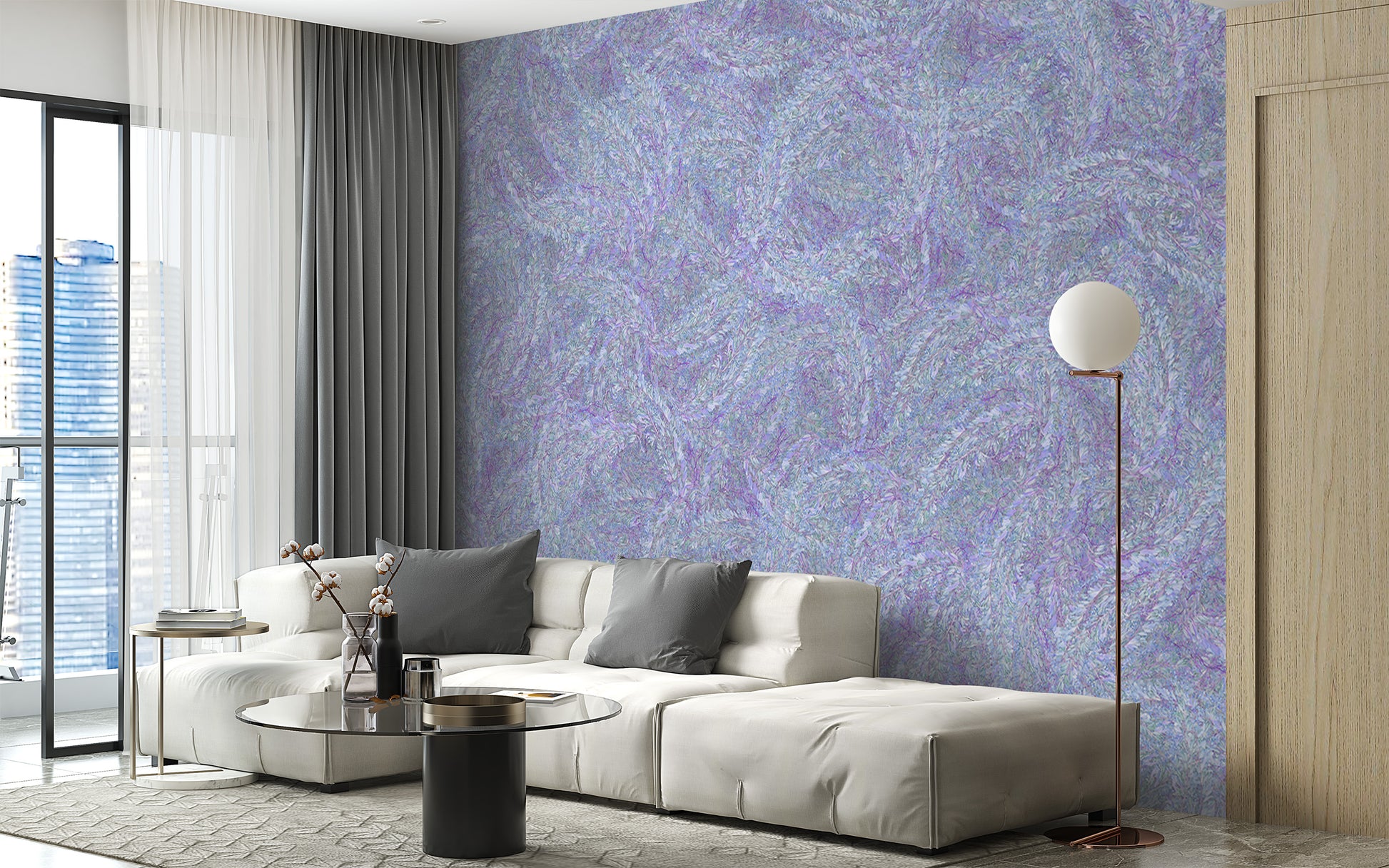 Summer wall mural featuring purple watercolor blossoms.

