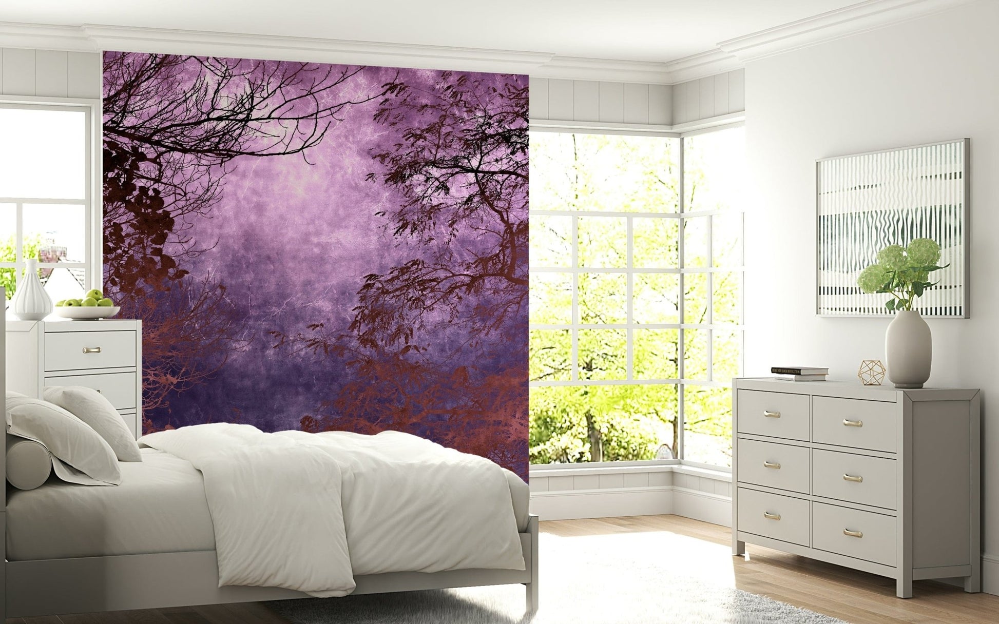 Textured purple forest wall mural with tree silhouettes